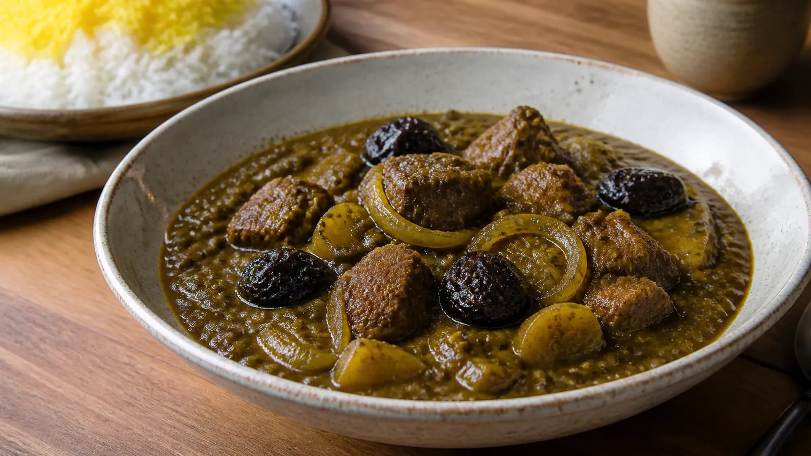 Taleghan Marjo lentil stew with lamb plums potato saffron and Persian rice
