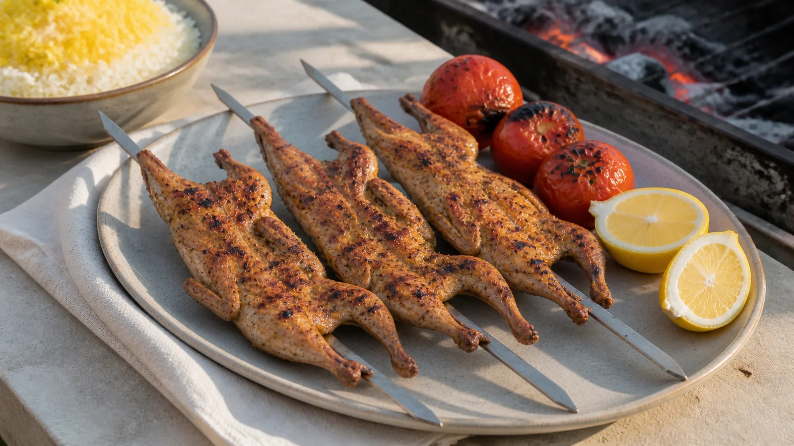 Saffron quail kebab skewers with grilled tomatoes lemon and Persian rice