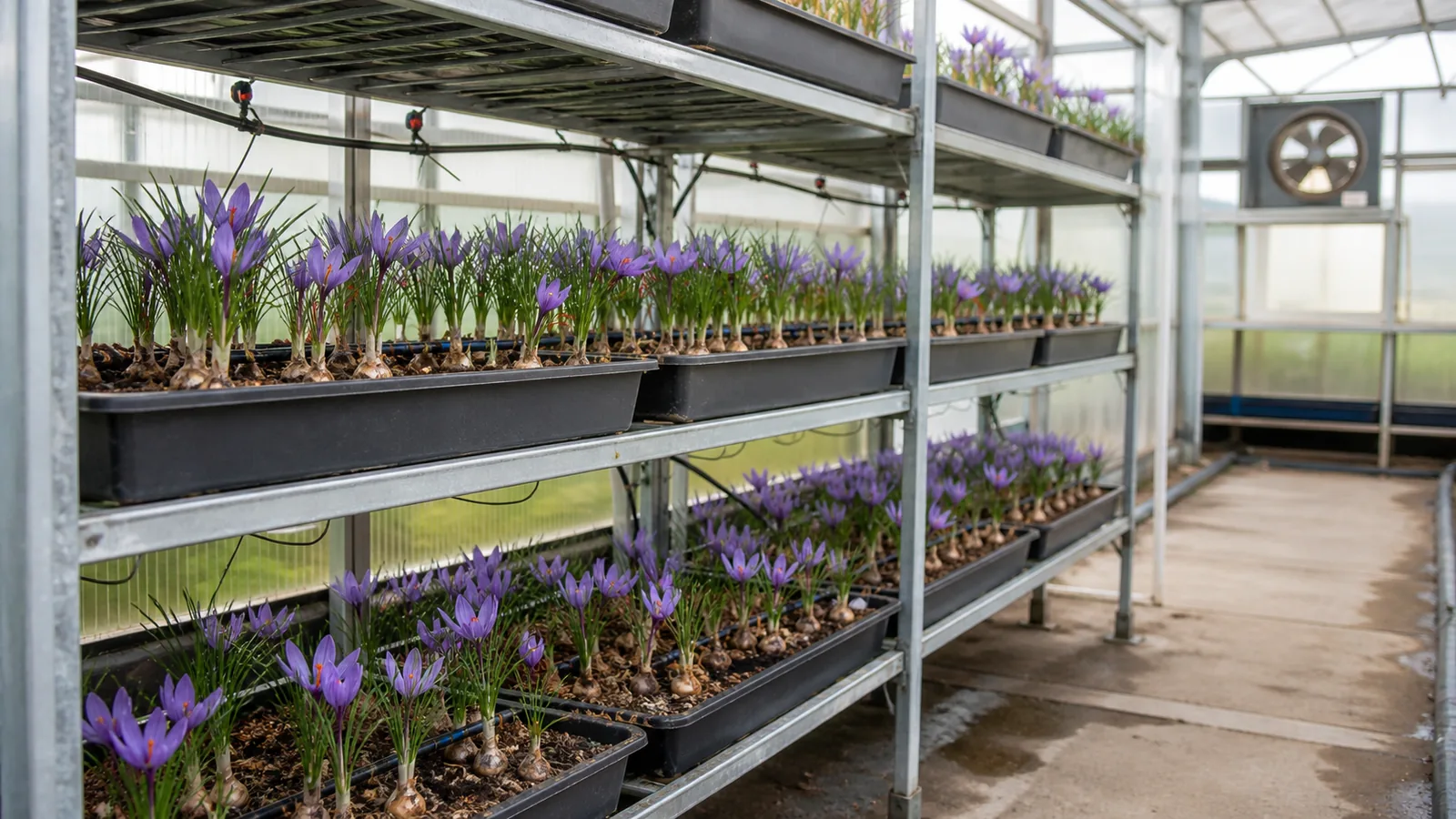 Greenhouse saffron cultivation in Iran with flowering crocus corms on controlled growing racks