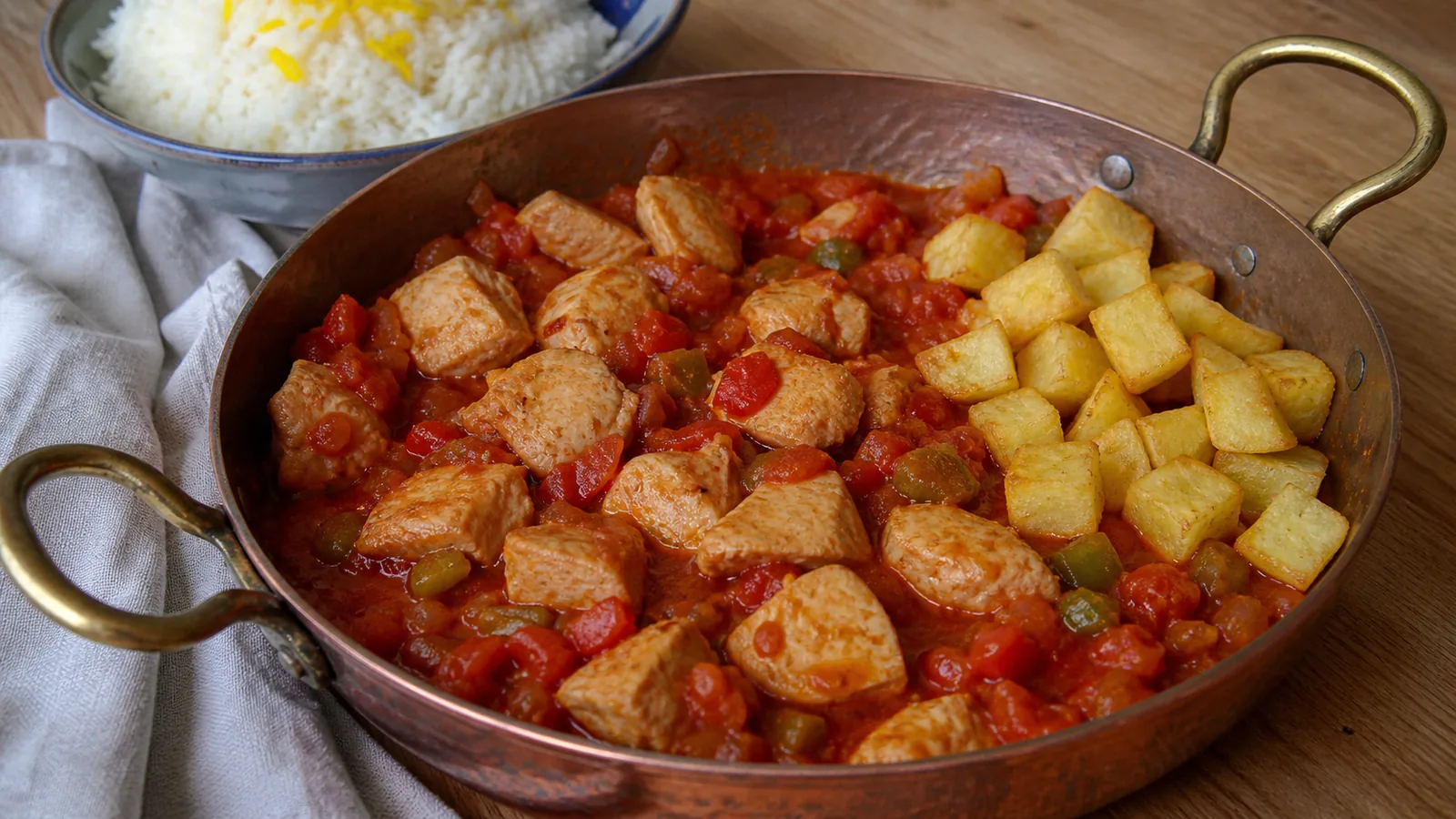 Northern Iranian Vavishka chicken with tomato peppers saffron fried potatoes and rice