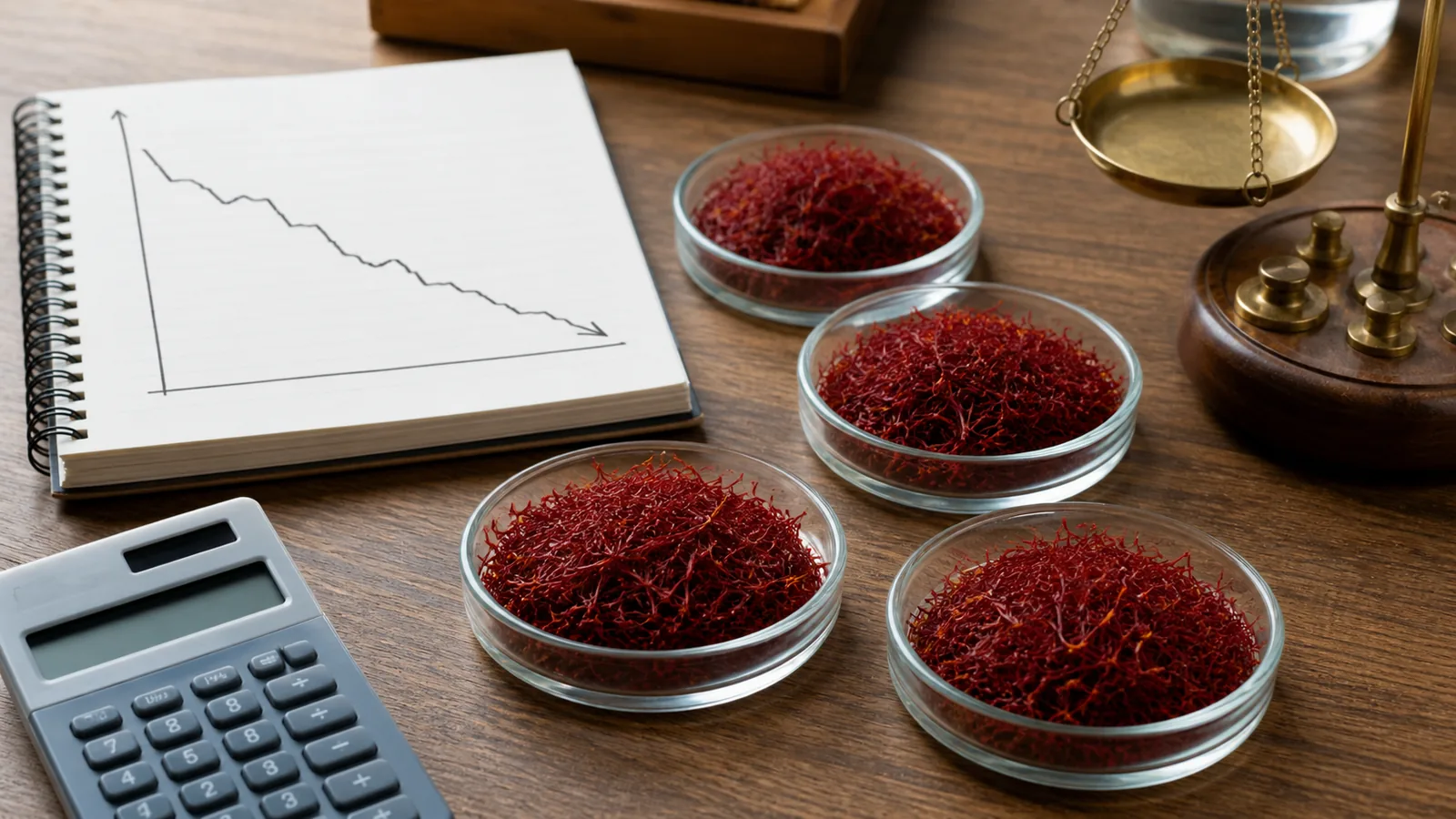 Saffron market samples beside a calculator and declining commodity price chart