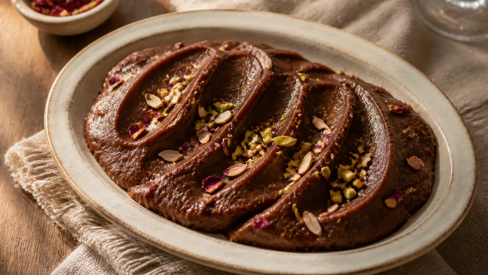 Persian dark halva with saffron rosewater cardamom pistachios and almond garnish