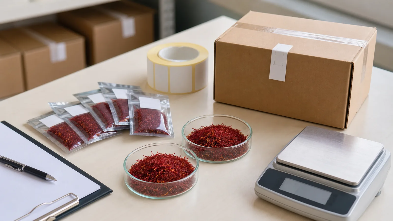 Saffron export quality samples with sealed packages shipping documents scale and laboratory certificate