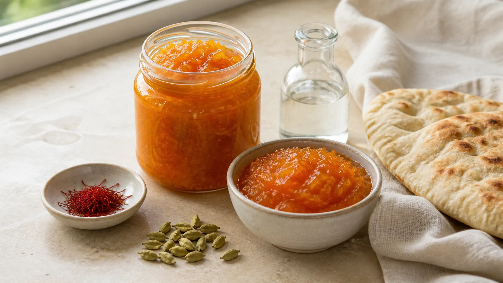 Persian carrot jam with saffron rosewater and cardamom served beside bread