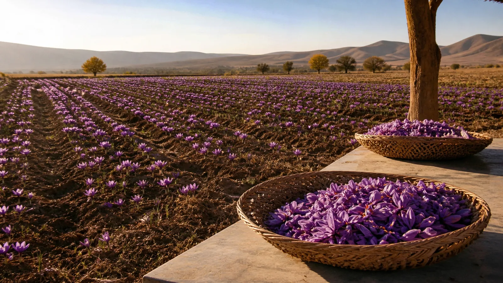 Saffron flowers being gathered in a Farooj field in North Khorasan during harvest