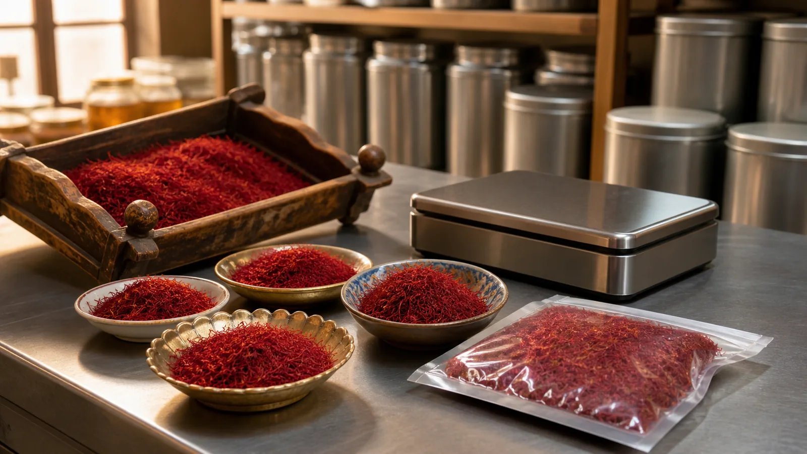 Iranian saffron lots being weighed and checked in a modern wholesale market