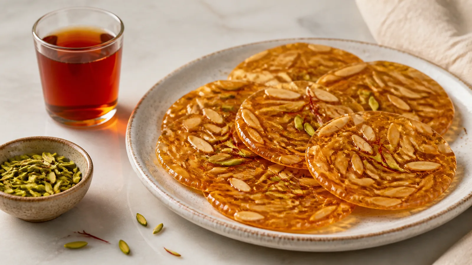Thin Sohan Asali almond brittle with saffron and pistachios served with tea