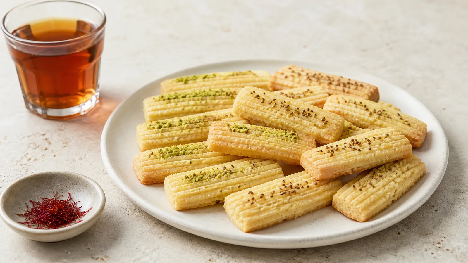 Ridged Qazvin wheel sweets with saffron pistachio and purslane seeds beside tea