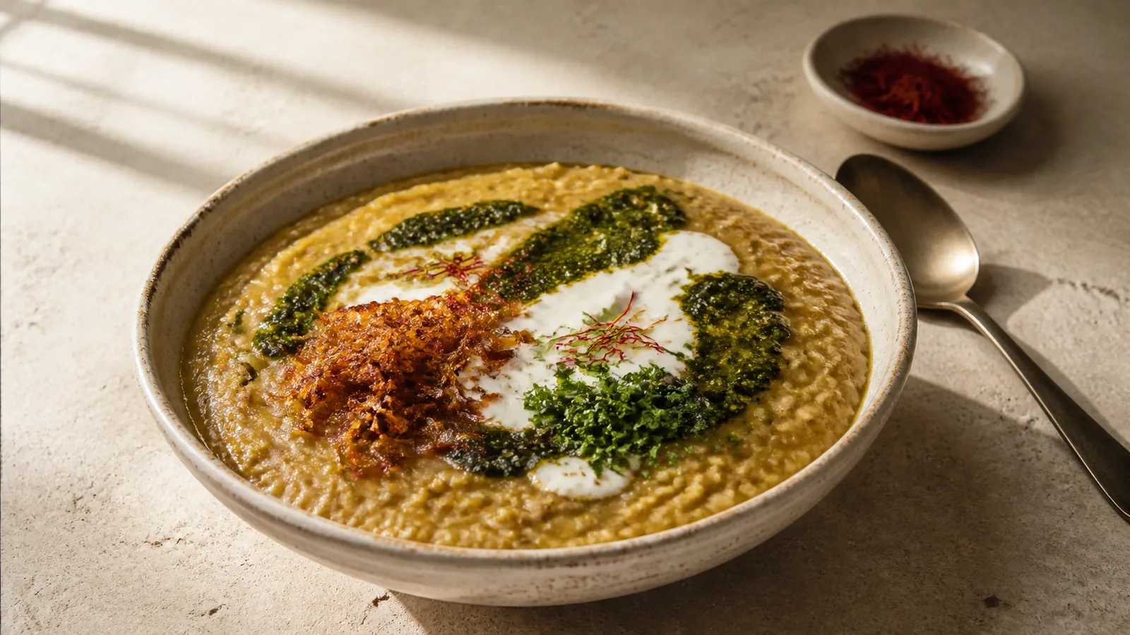Khorasani Halim lentils with kashk fried onion mint and saffron in a ceramic bowl