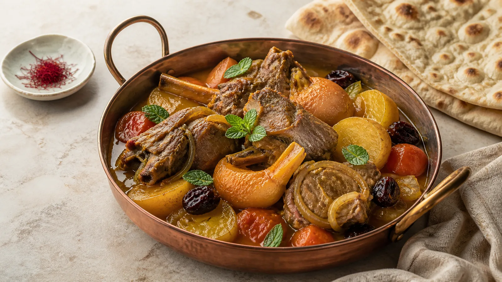 Persian quince kebab dice with lamb potatoes carrots dried plums and saffron