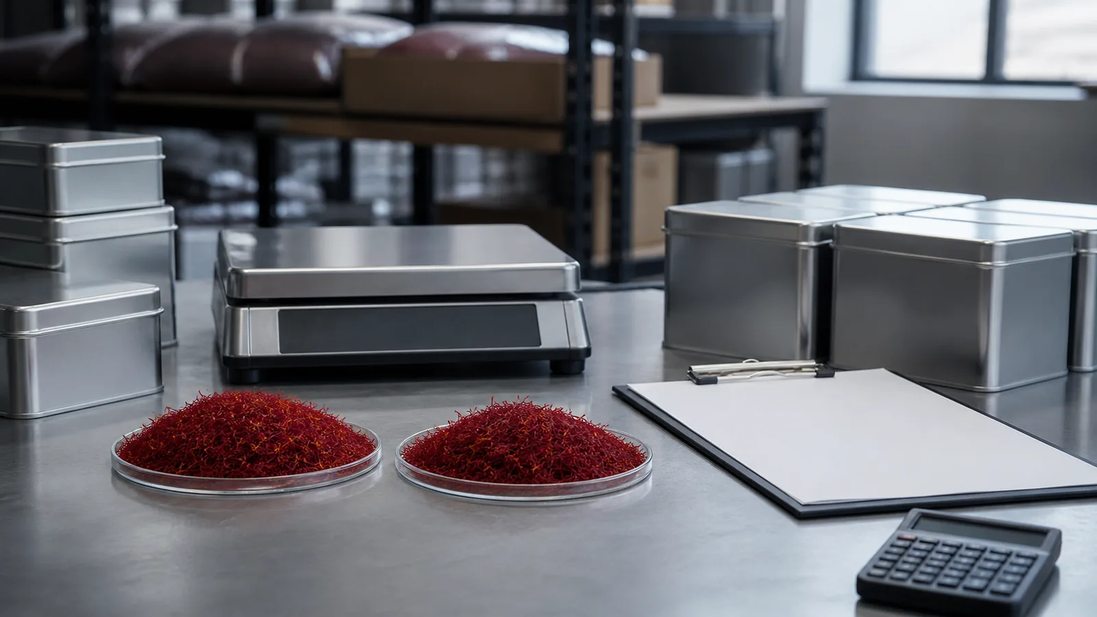 Saffron lots with warehouse tins weighing scale and trading documents during price review