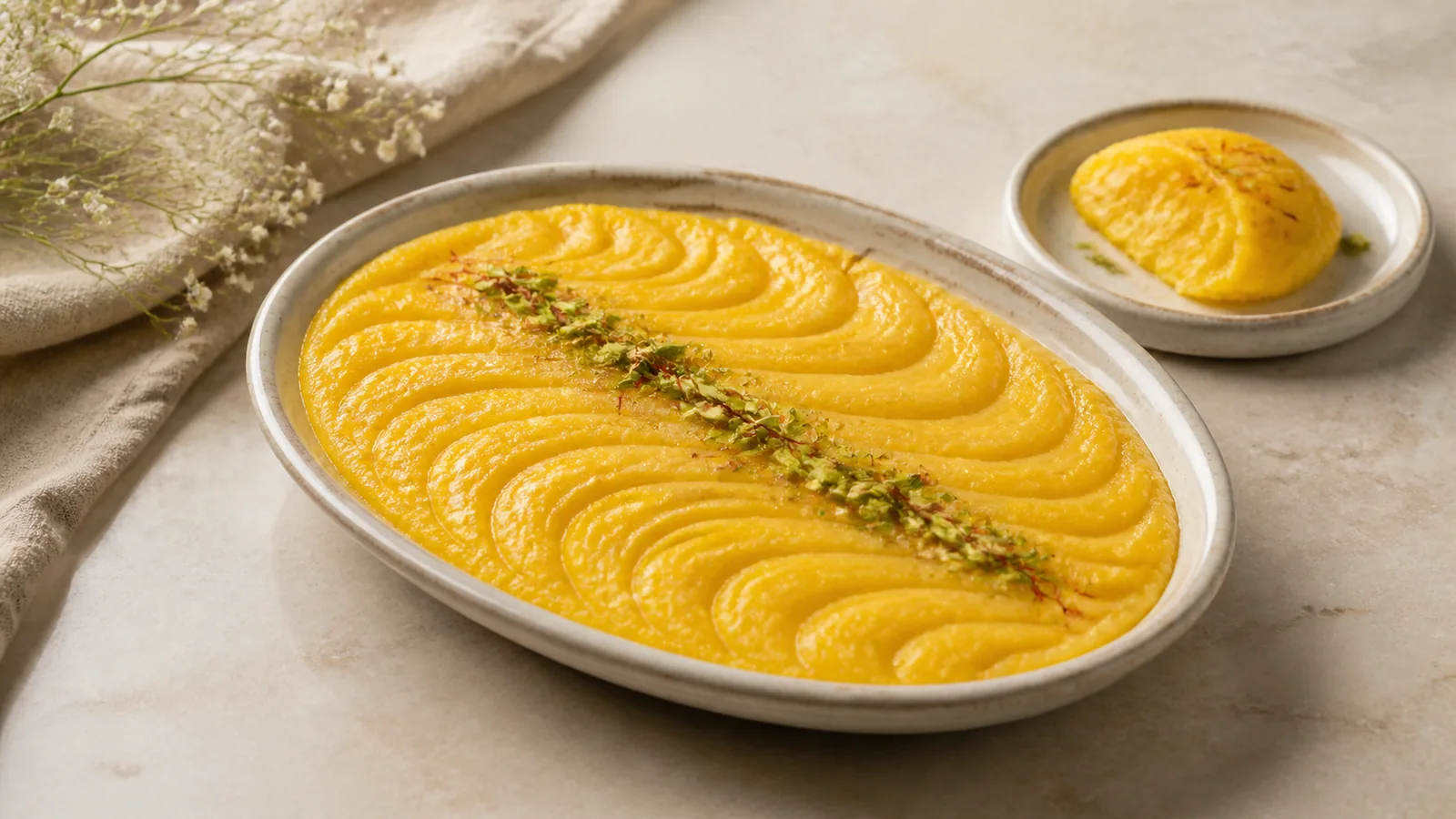 Iranian egg halva with saffron rosewater cardamom and pistachio decoration