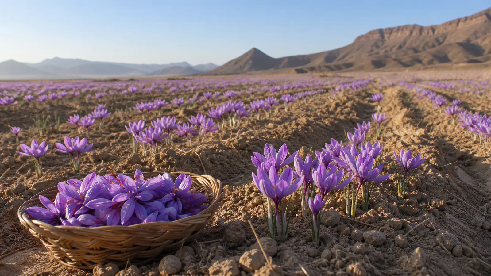 Saffron crocuses growing in an arid Bahabad landscape in Yazd Province