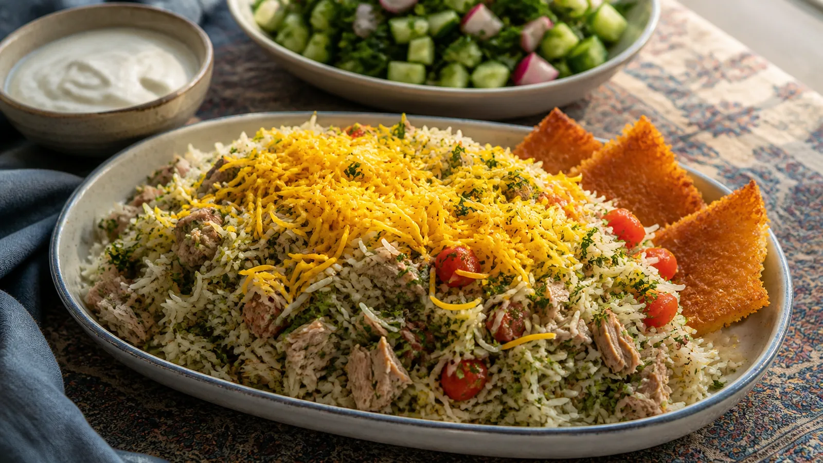 Bandari rice with tuna herbs tomato and saffron rice on top