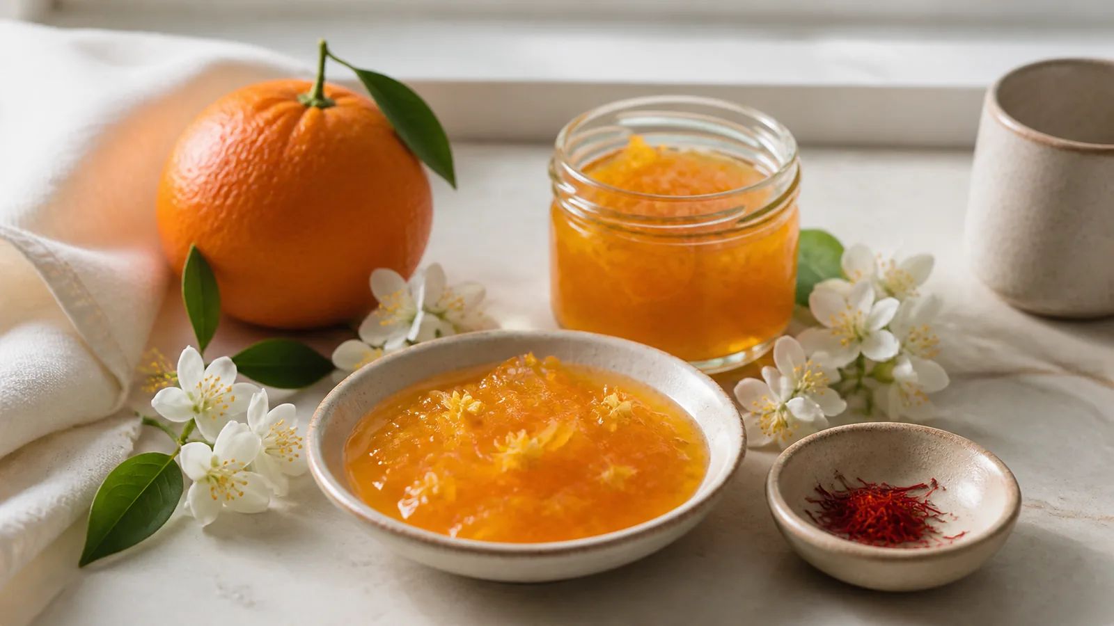 Persian orange blossom jam with saffron in a glass jar beside fresh blossoms