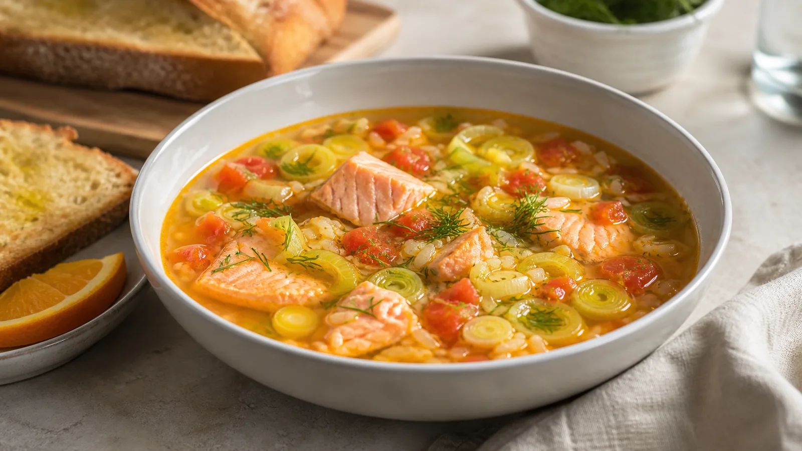 Saffron fish soup with salmon tomato leek orange and fresh dill