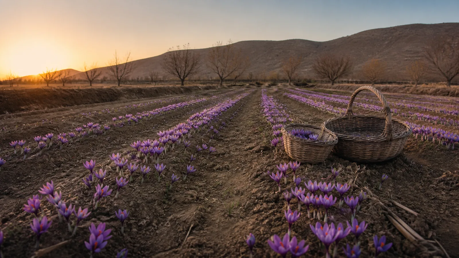 Saffron crocuses and harvest baskets in a dry agricultural landscape near Khomein