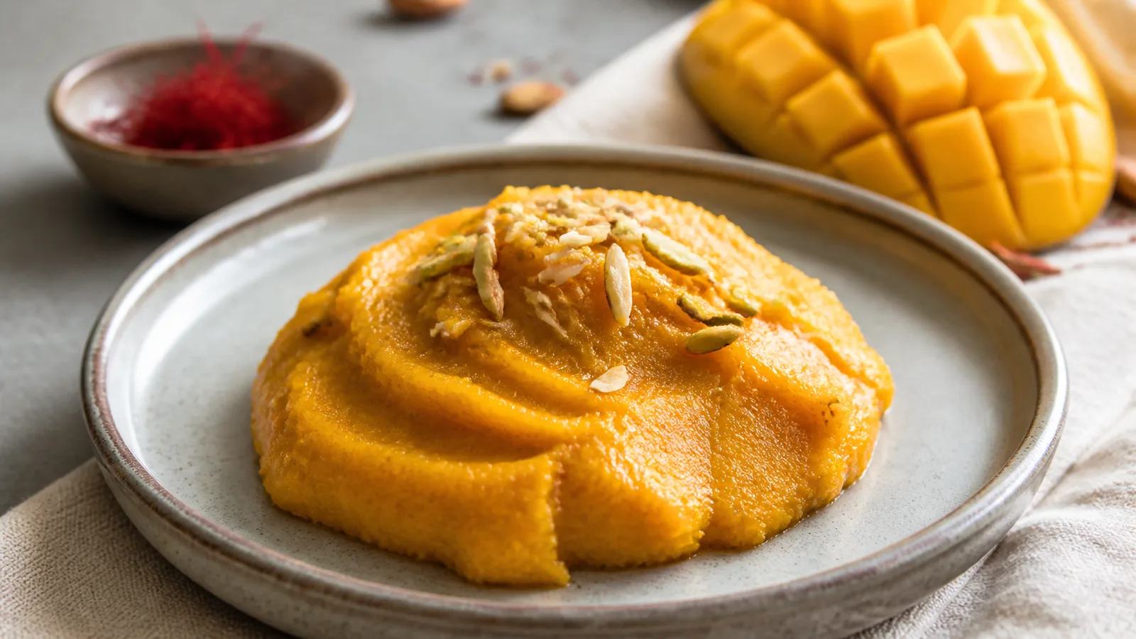 Mango halva with saffron cardamom and slivered pistachios on a ceramic plate