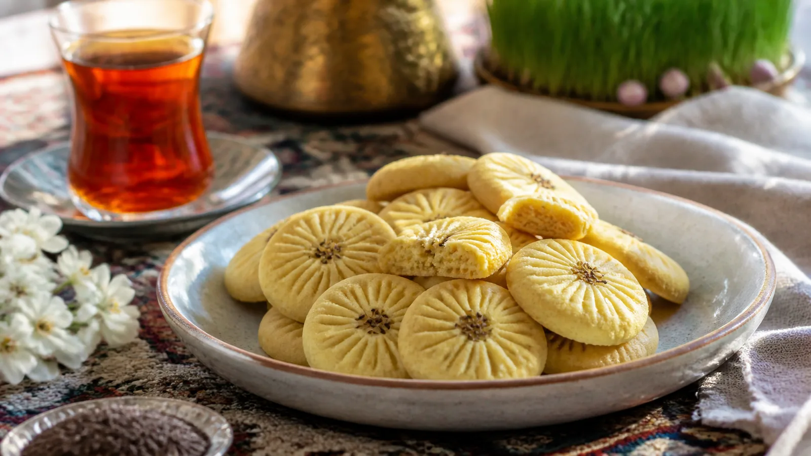 Kermanshah rice bread cookies with saffron rosewater and purslane seeds
