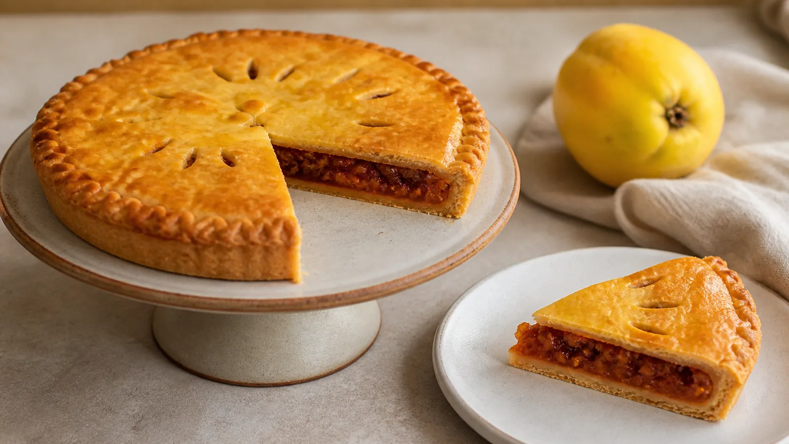 Persian quince jam pie with a saffron glazed double crust and quince filling