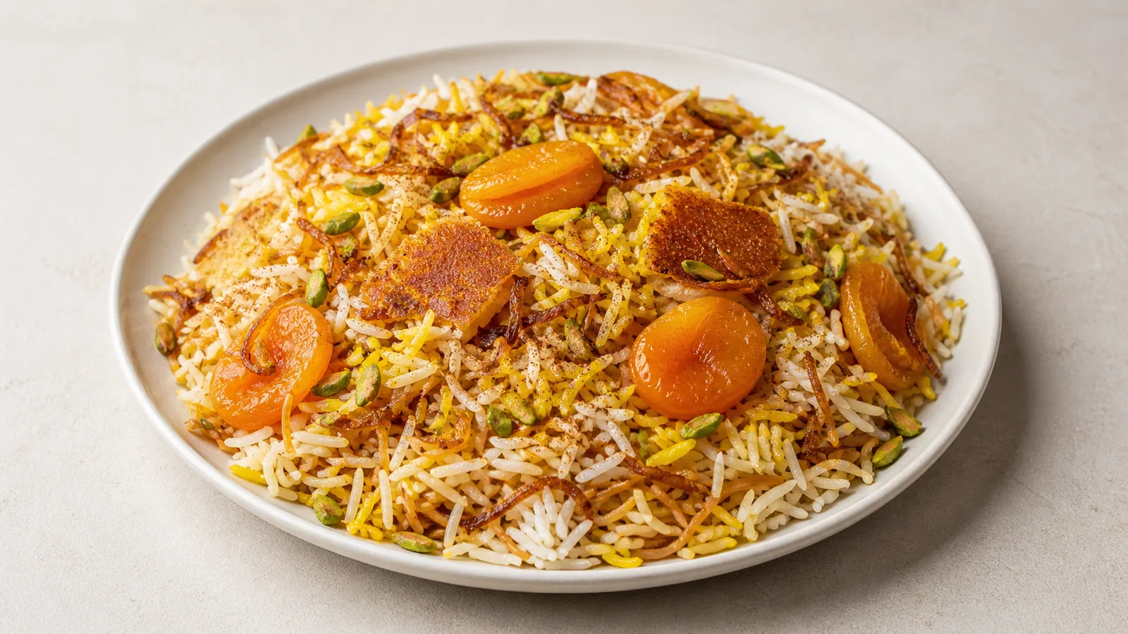 Qaisi rice noodles with dried apricots fried onion saffron and pistachios