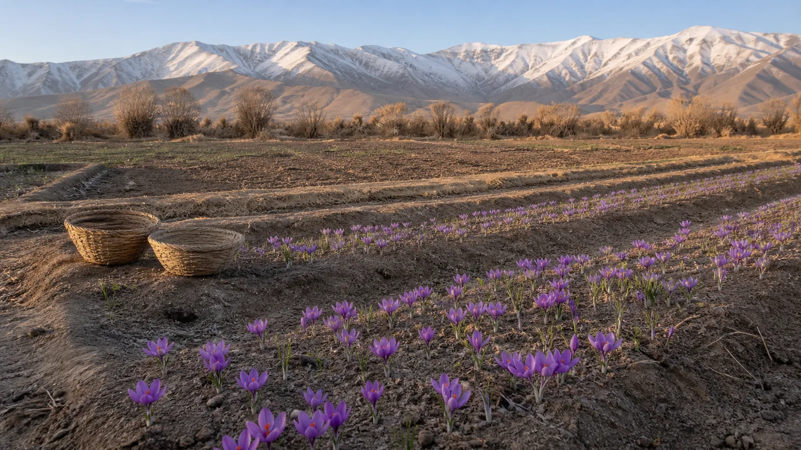 Small saffron field in Alborz with crocuses harvest baskets and mountains