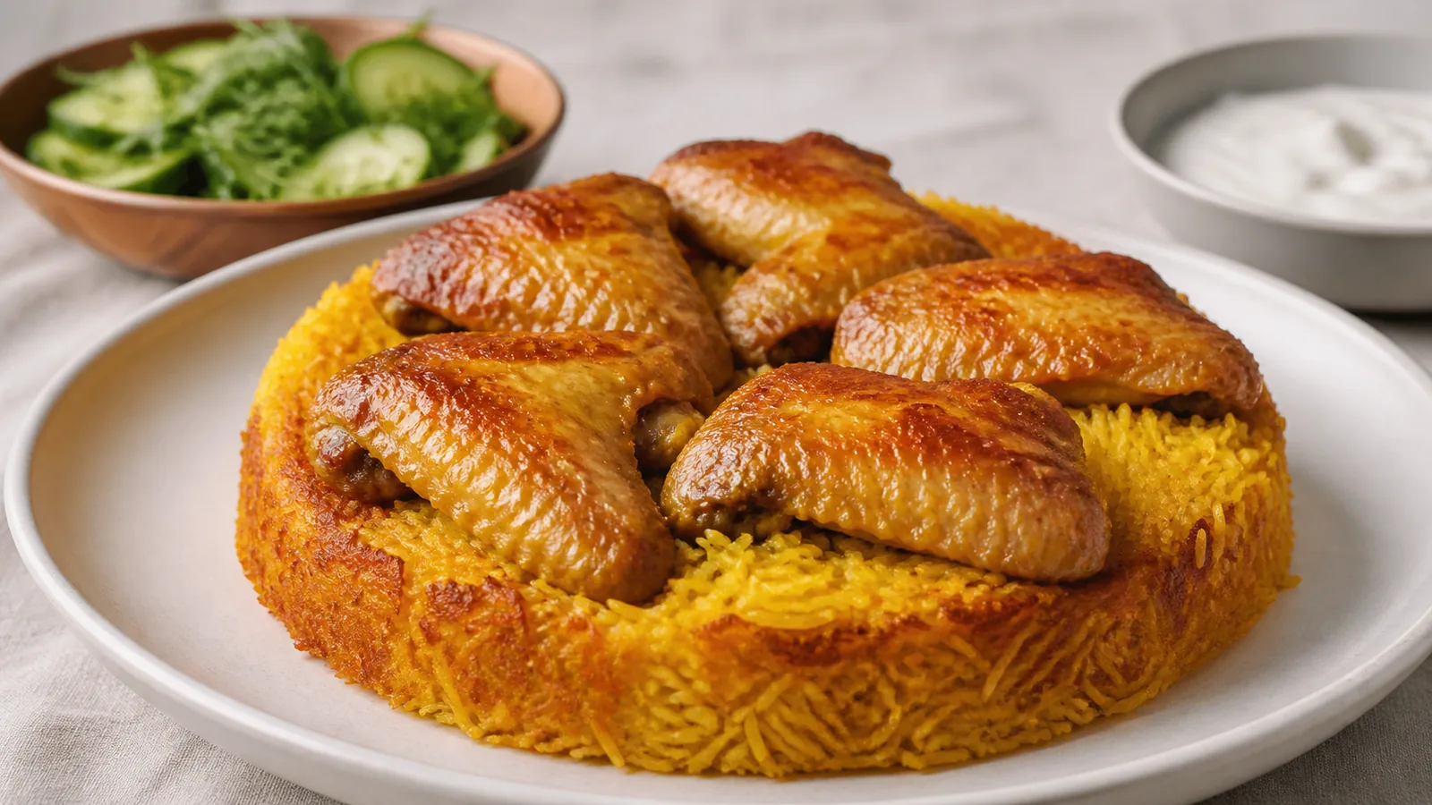 Armenian saffron rice turned out over six crisp cooked chicken wings