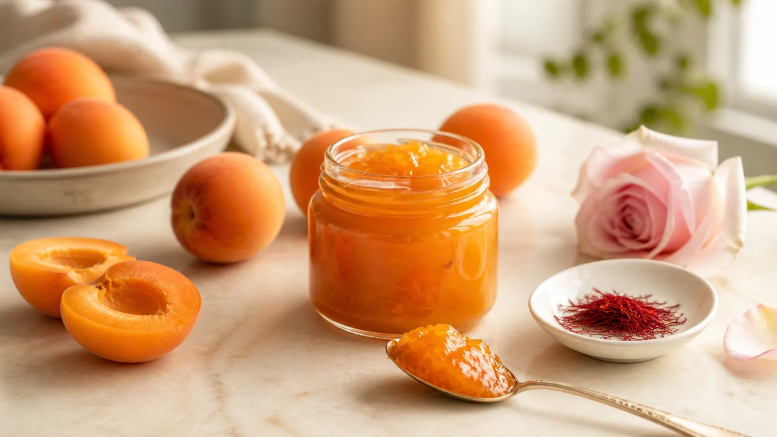 Homemade apricot marmalade with ripe apricots and saffron threads