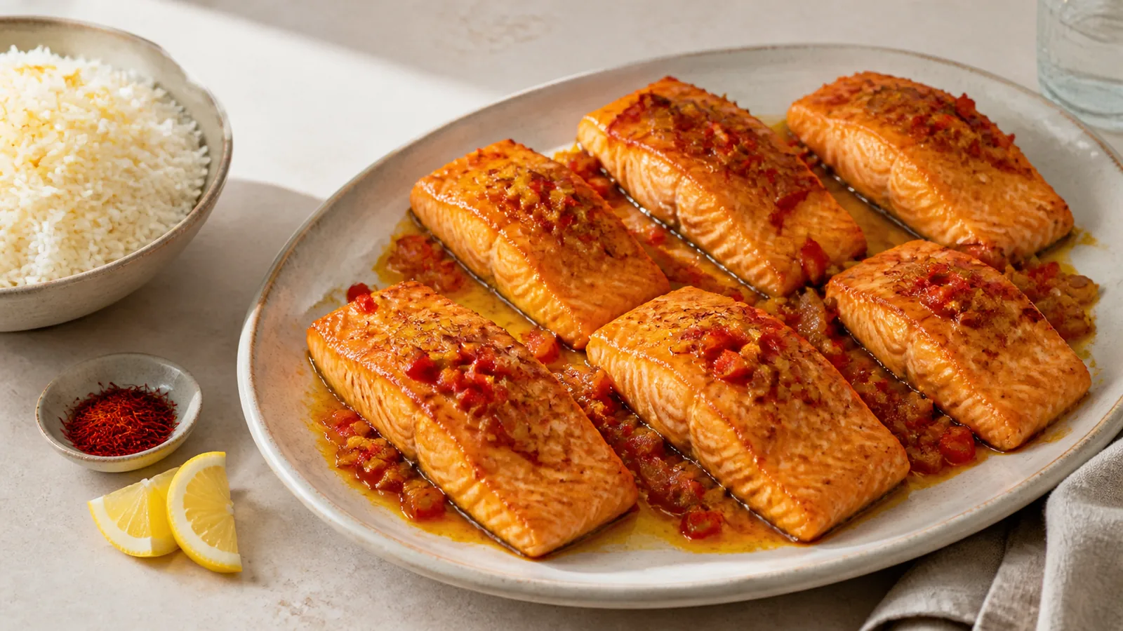 Six baked salmon fillets with saffron, sweet pepper, rice and lemon