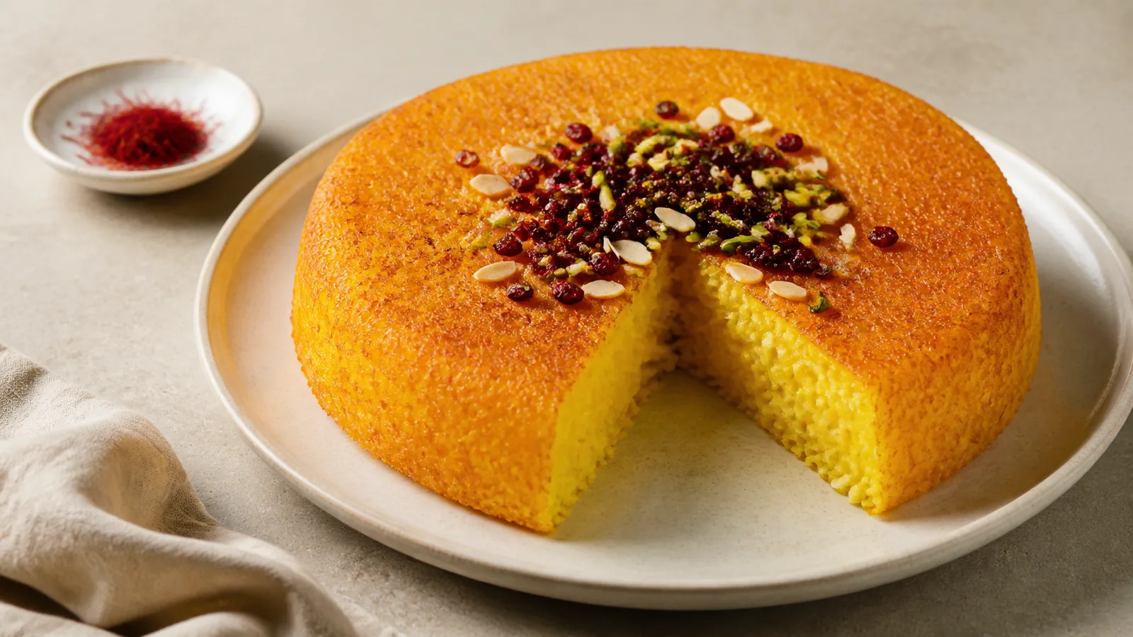Golden simple tah chin with saffron rice, barberries and pistachios