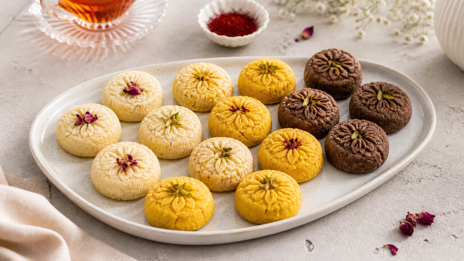Plain, saffron and cocoa Iranian rice sweets on a ceramic tray