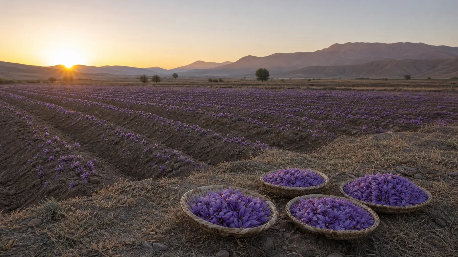 Saffron flower fields and harvest baskets in the dry North Khorasan landscape