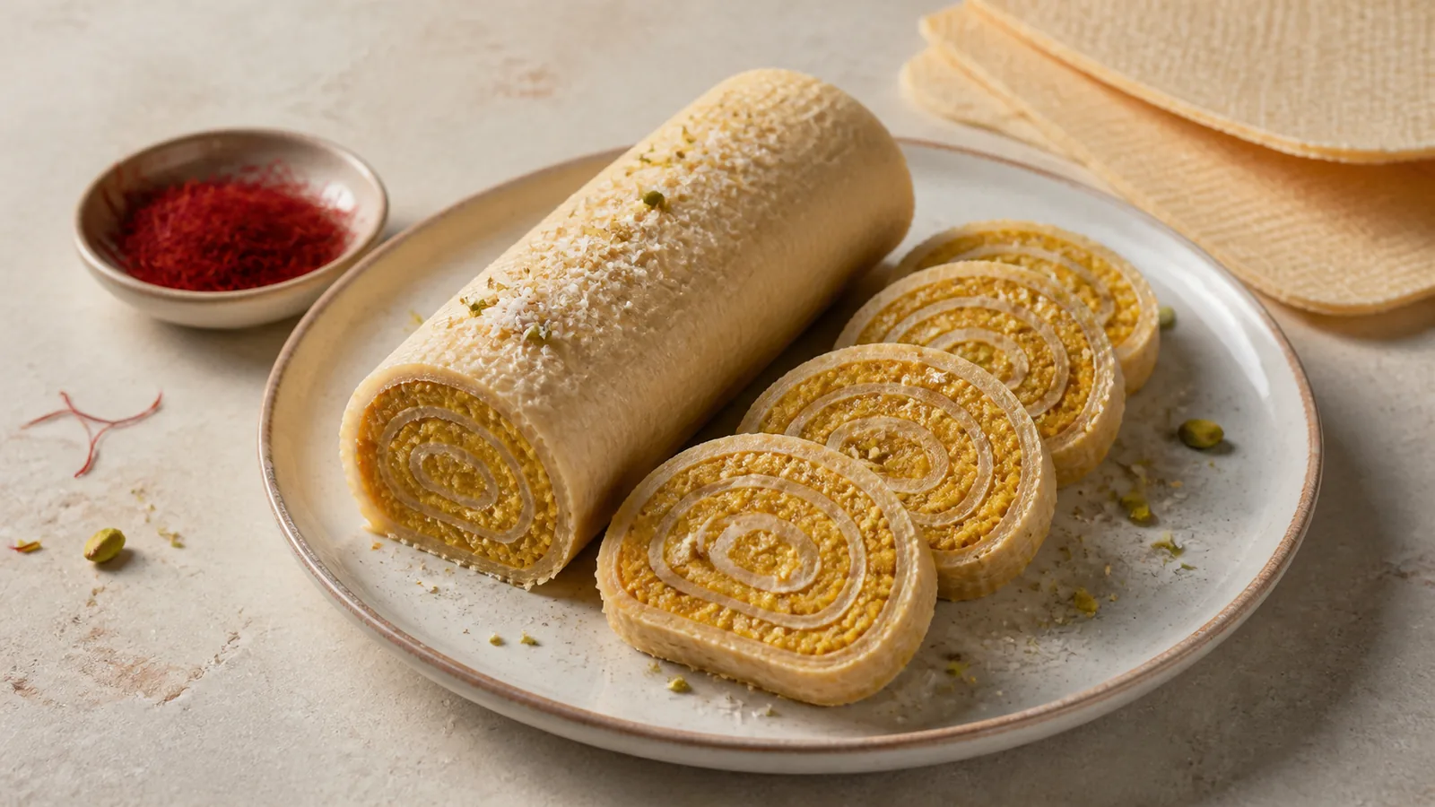 Sliced saffron halva roulette rolled in thin wafer sheets