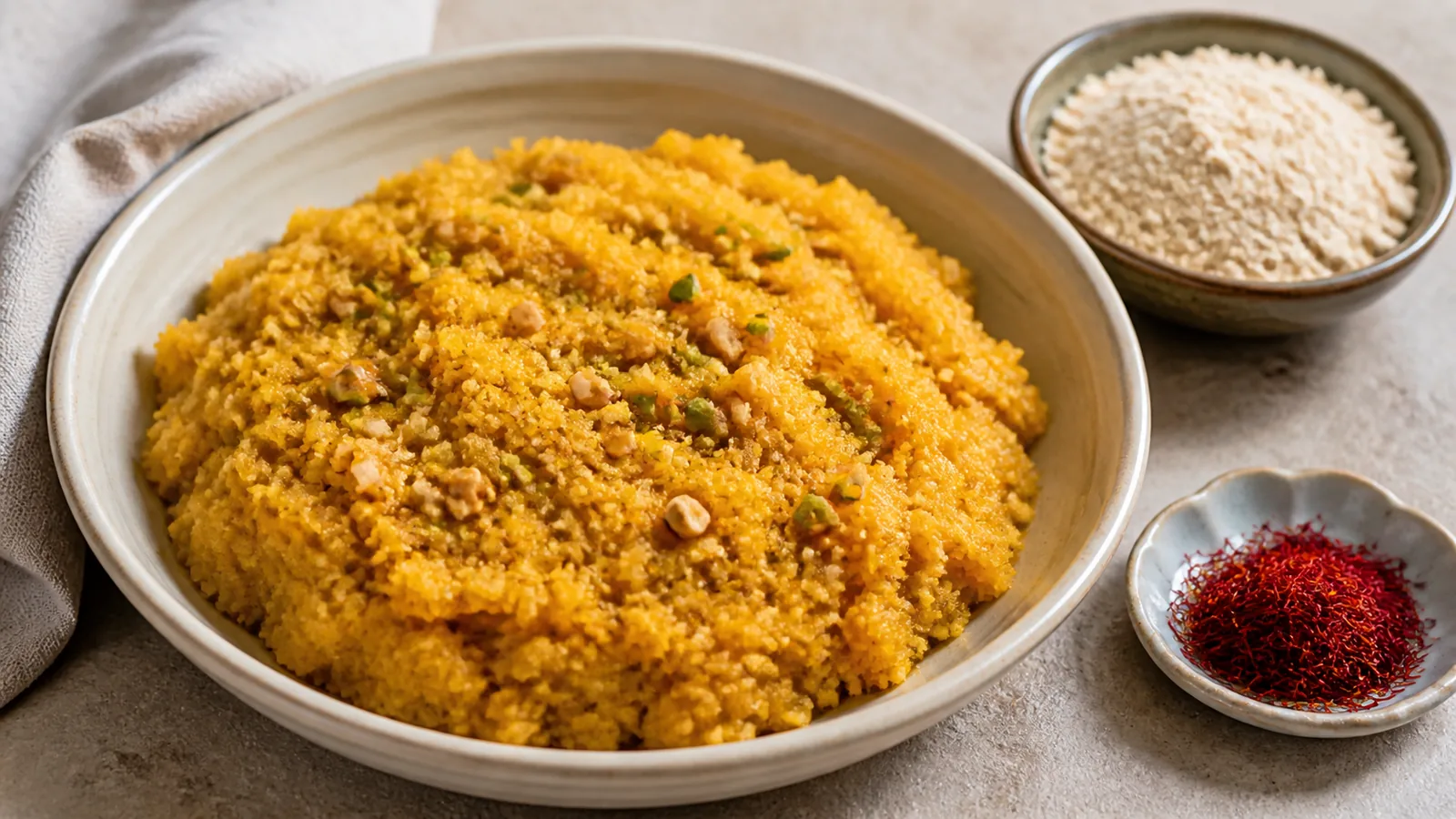 Granular golden Omaj halva with walnuts, pistachios and saffron