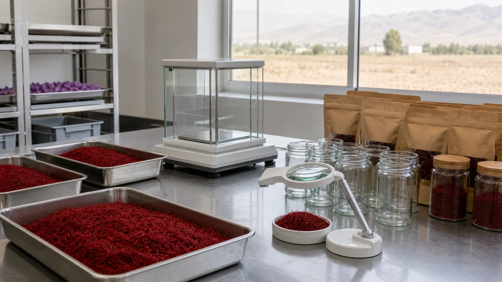 Saffron threads, scales and plain packaging in a clean processing workspace