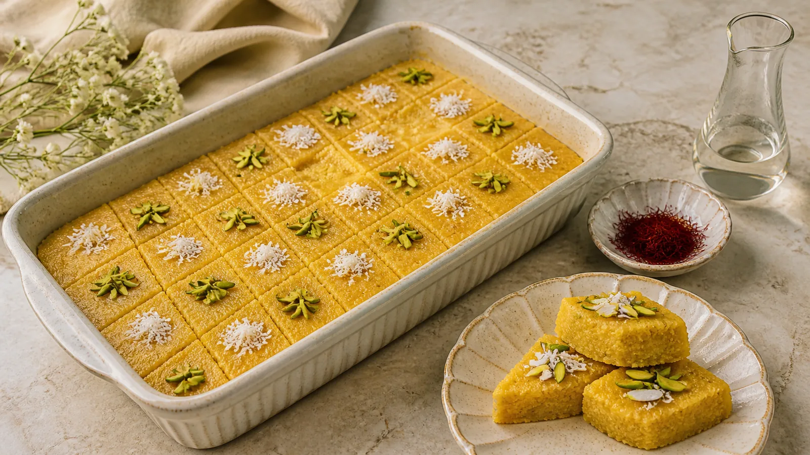 Golden Nesar halva pieces decorated with pistachios and coconut