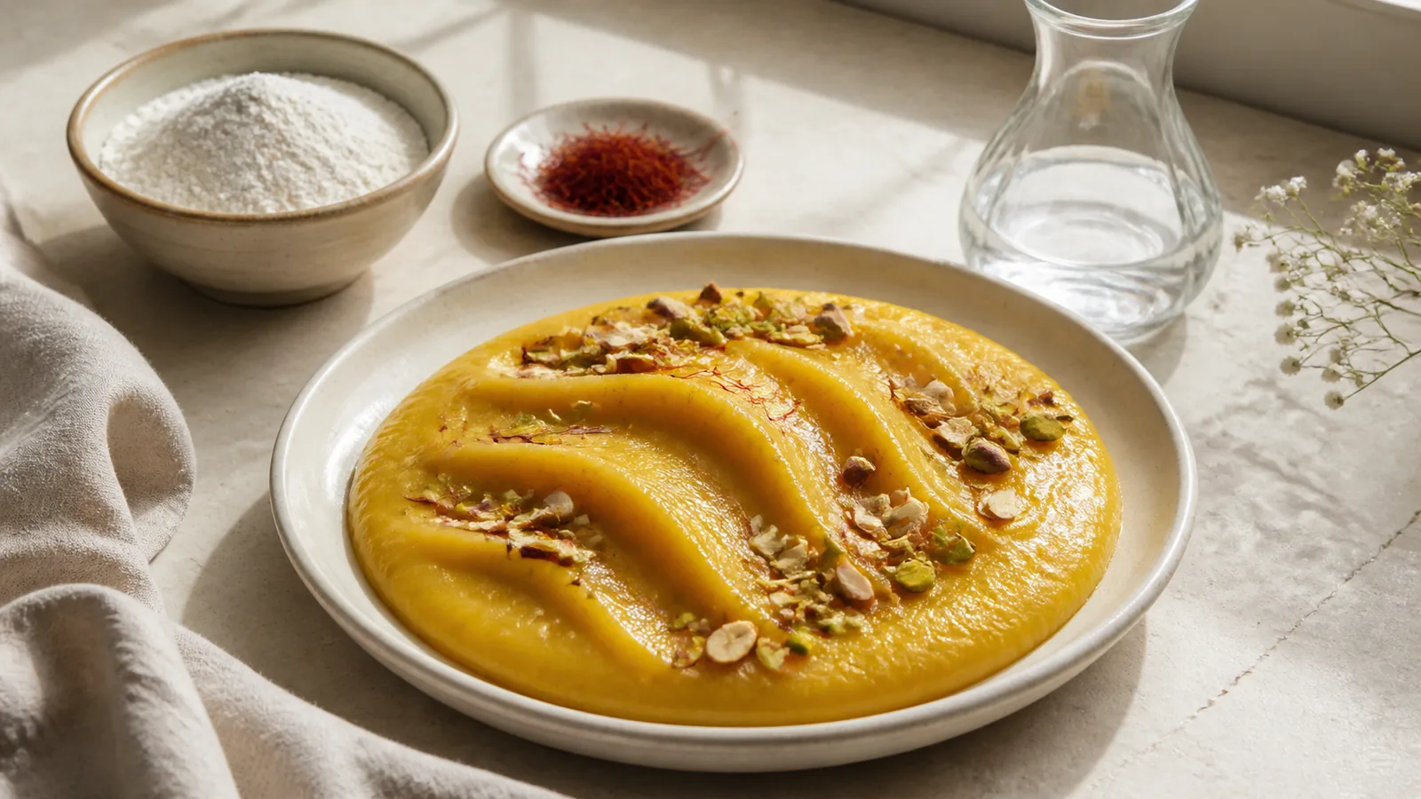 Smooth golden rice flour halva with saffron, pistachios and almonds