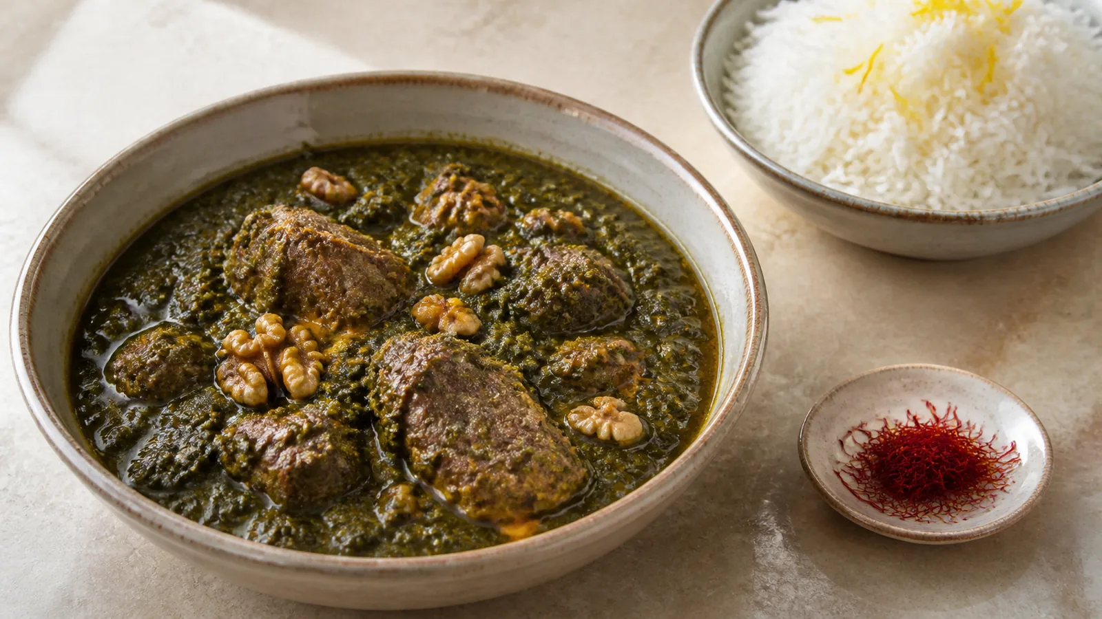 Persian spinach stew with lamb, walnuts, rice and saffron