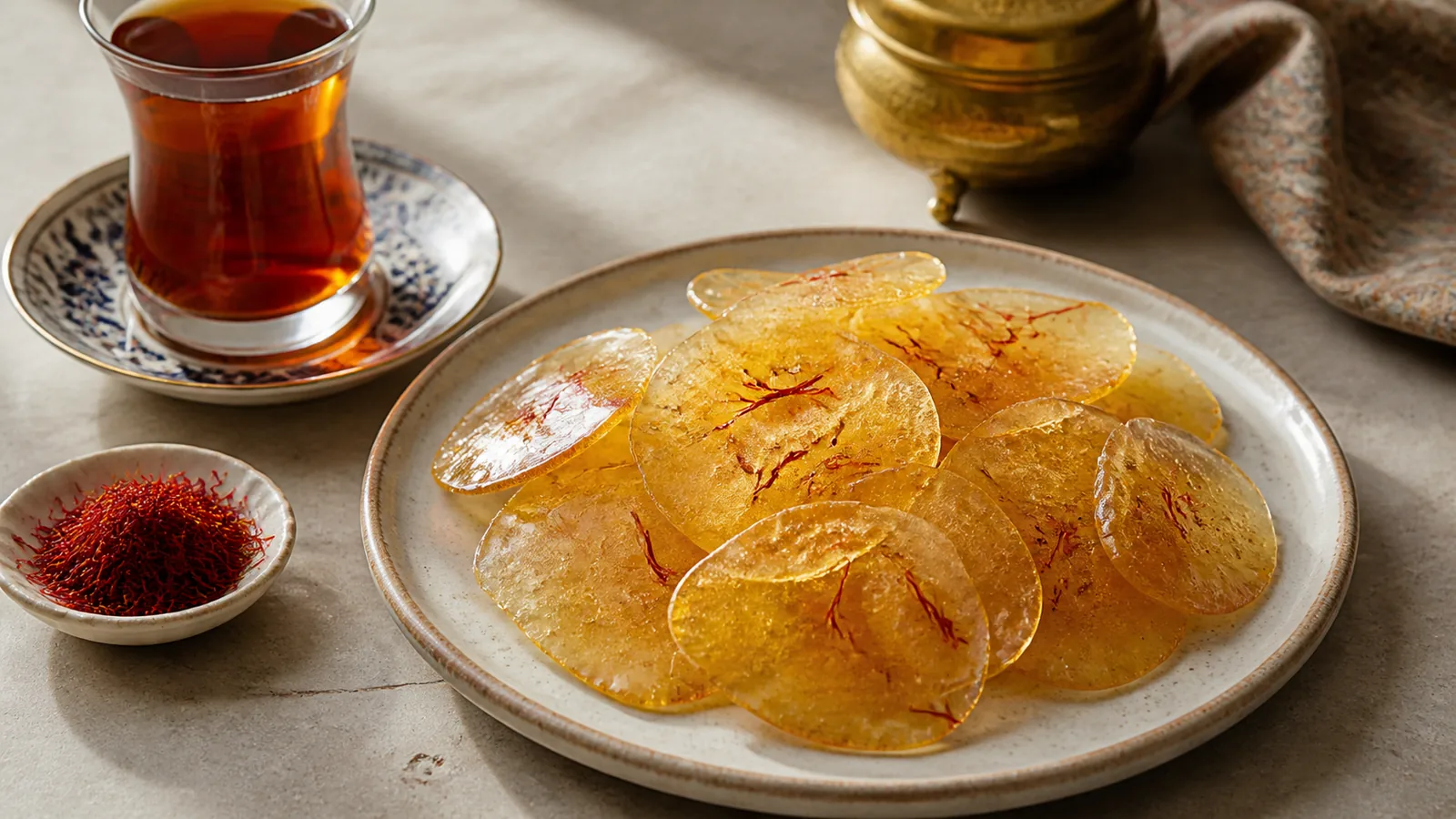Thin translucent saffron Poolaki candy discs served with tea