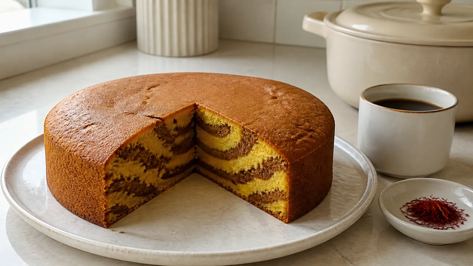 Unfrosted stovetop cake with Nescafe coffee and saffron batter layers