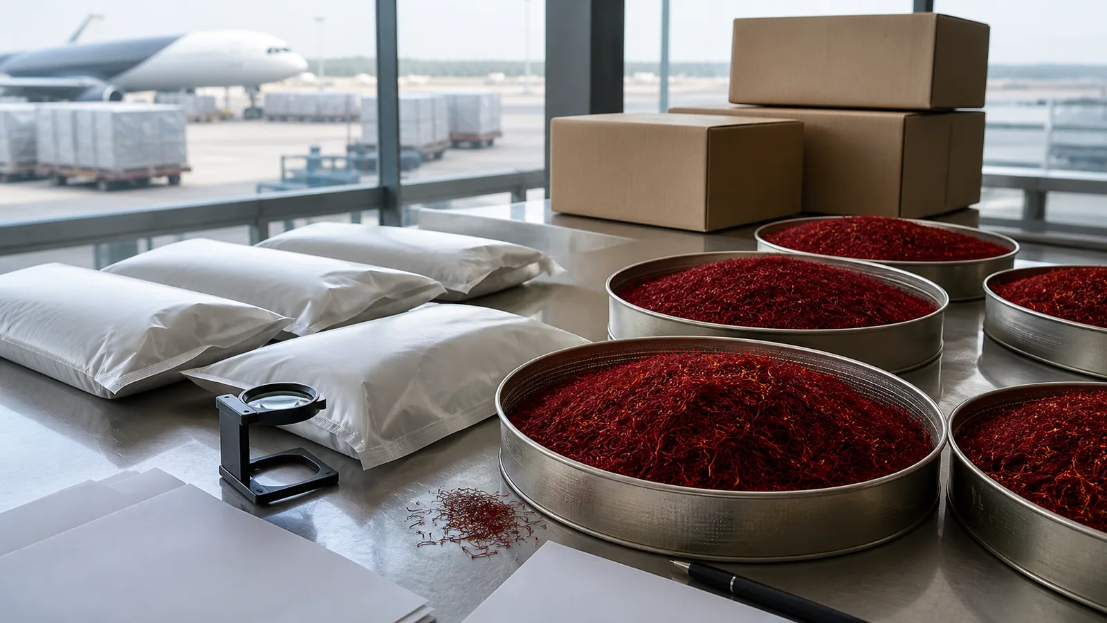Saffron inspection trays and plain export packages at an air cargo facility