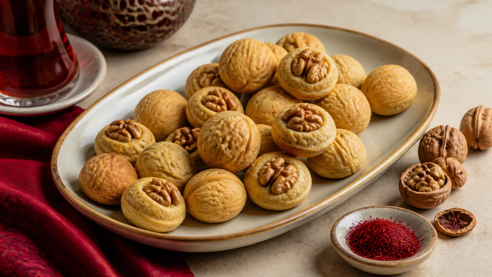 Walnut-shaped Oghuzkana rice-flour sweets with saffron and walnut halves