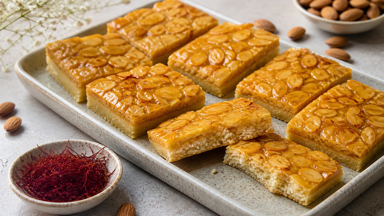 Queen Almond pastry bars with a honeyed sliced-almond and saffron topping