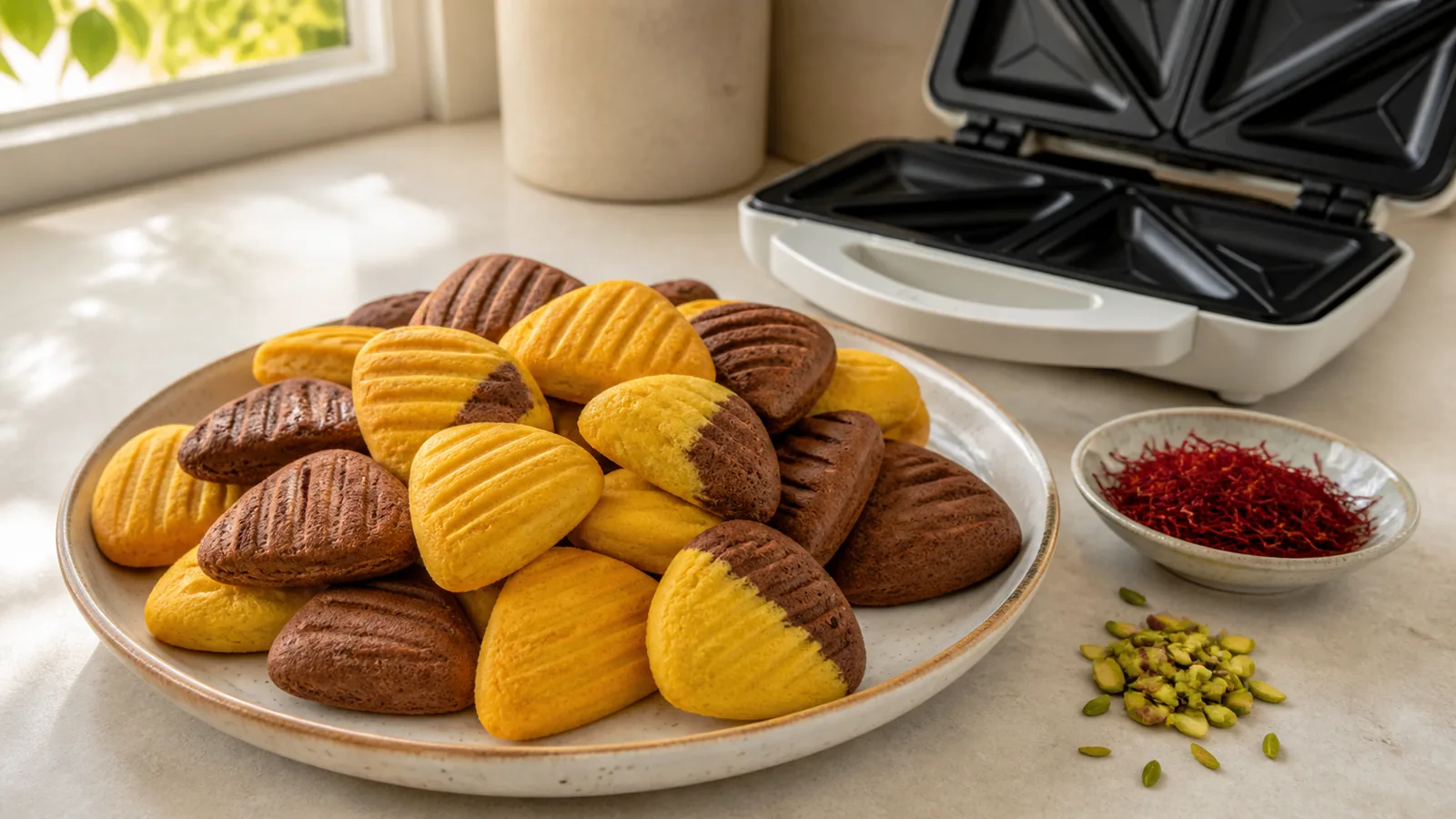 Saffron, cocoa and two-tone micro cookies beside a sandwich maker
