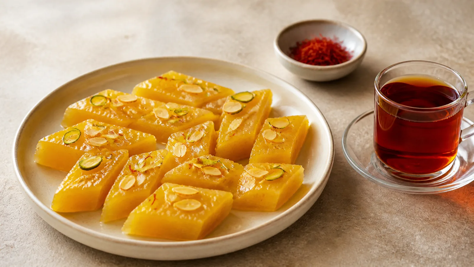 Golden Lari Masghati saffron sweets with pistachios and tea