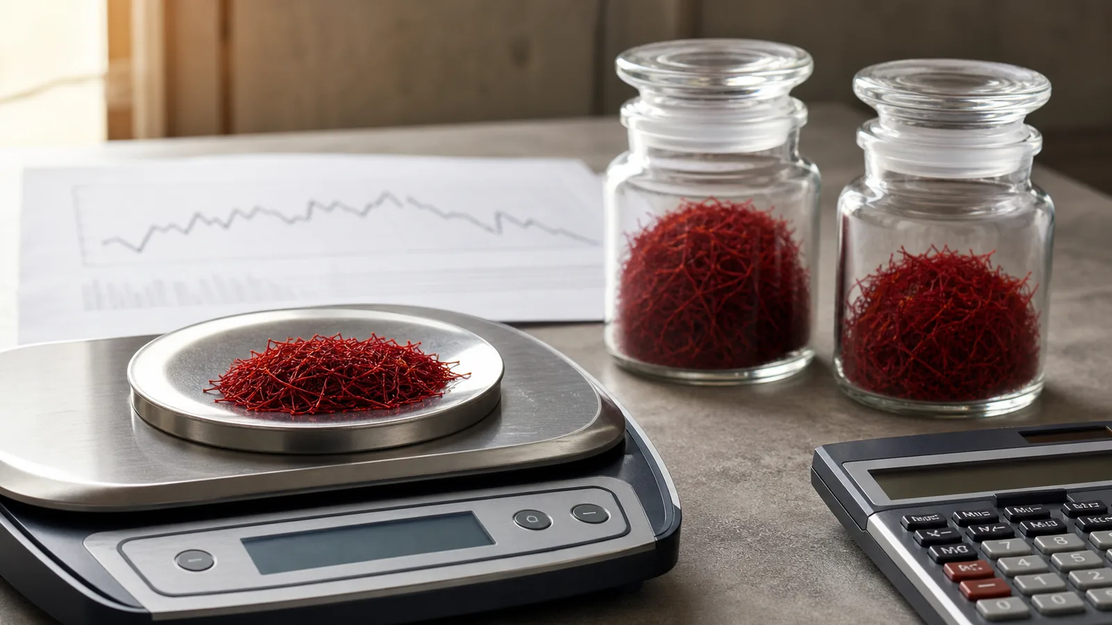 Saffron samples on a scale with market analysis materials