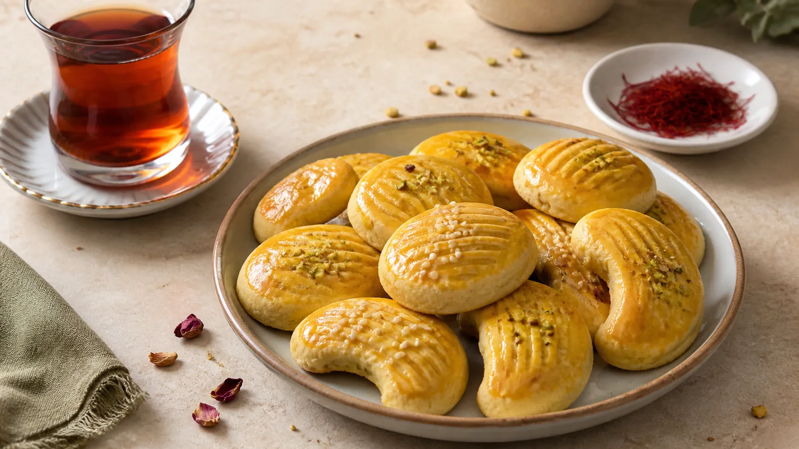 Qazvin tea bread cookies with saffron glaze, pistachios and tea