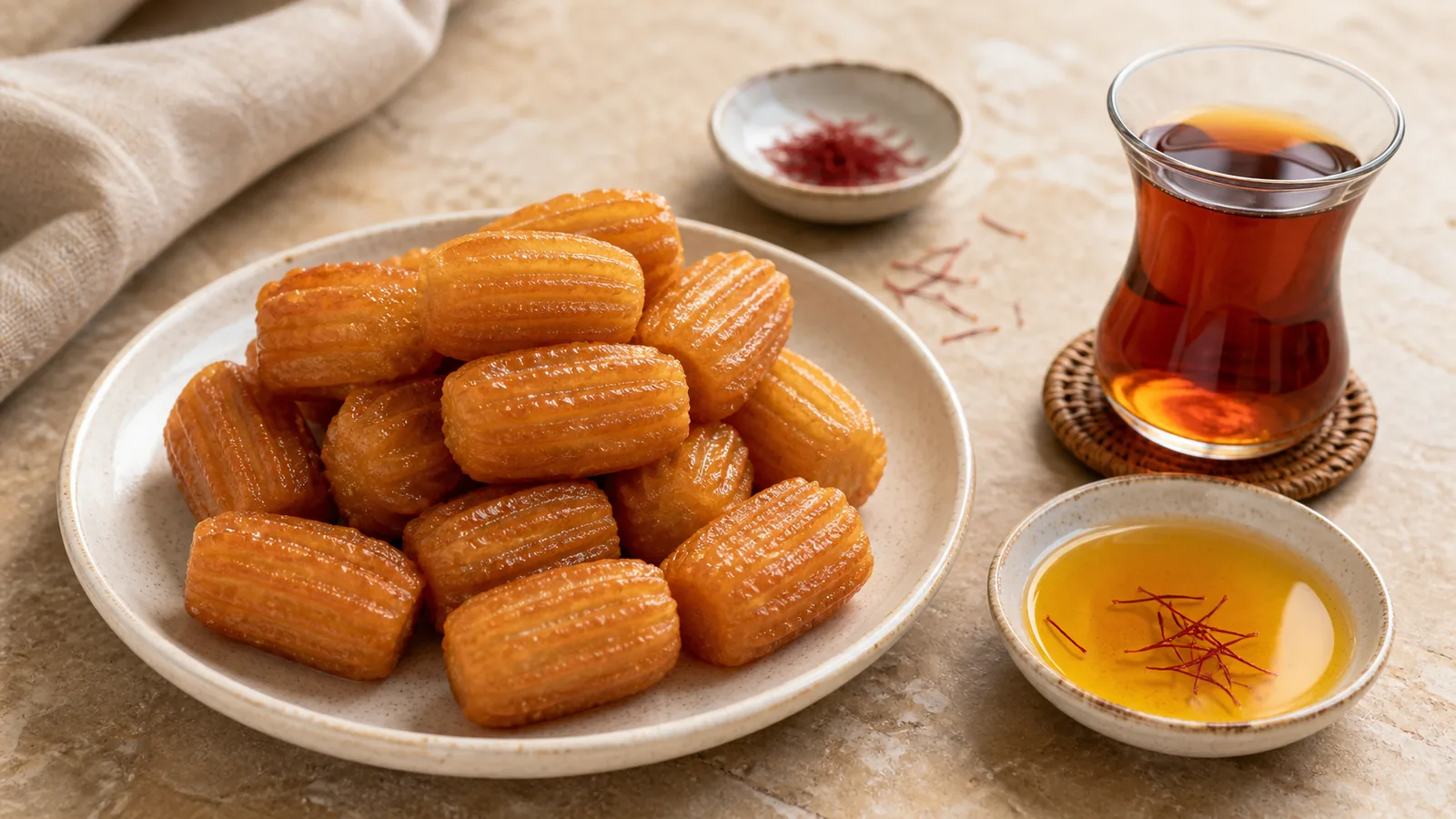 Golden Persian bamieh sweets with saffron syrup and tea