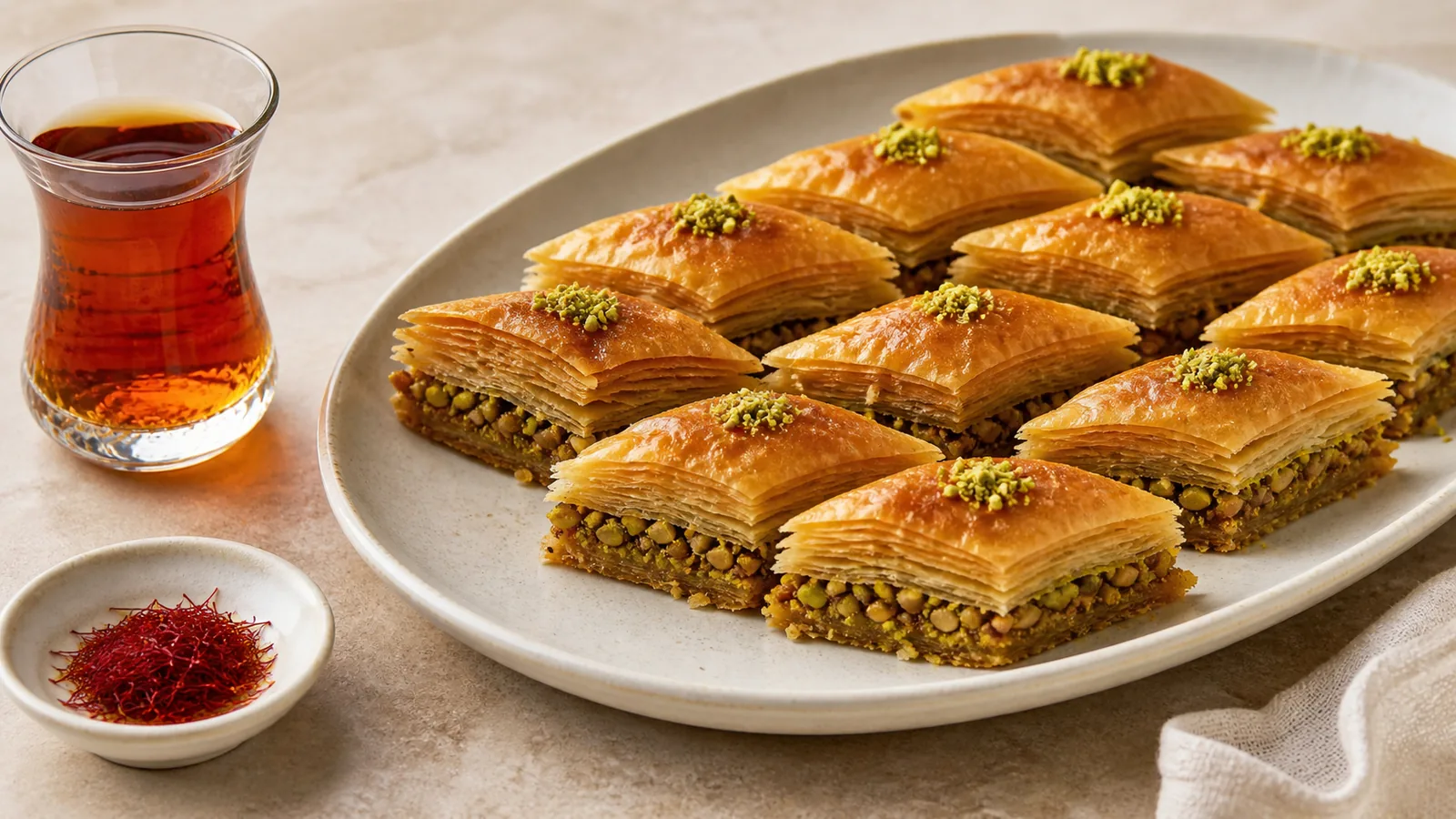 Diamond-cut Persian saffron baklava with pistachios and tea