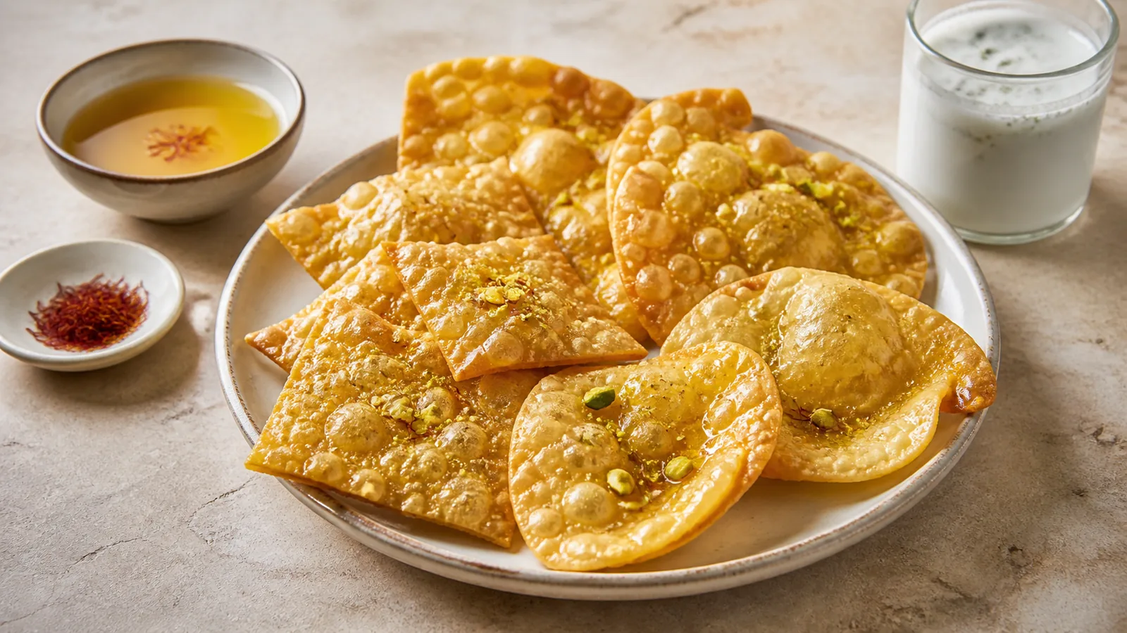 Crisp Persian gushfil elephant ear sweets with saffron syrup